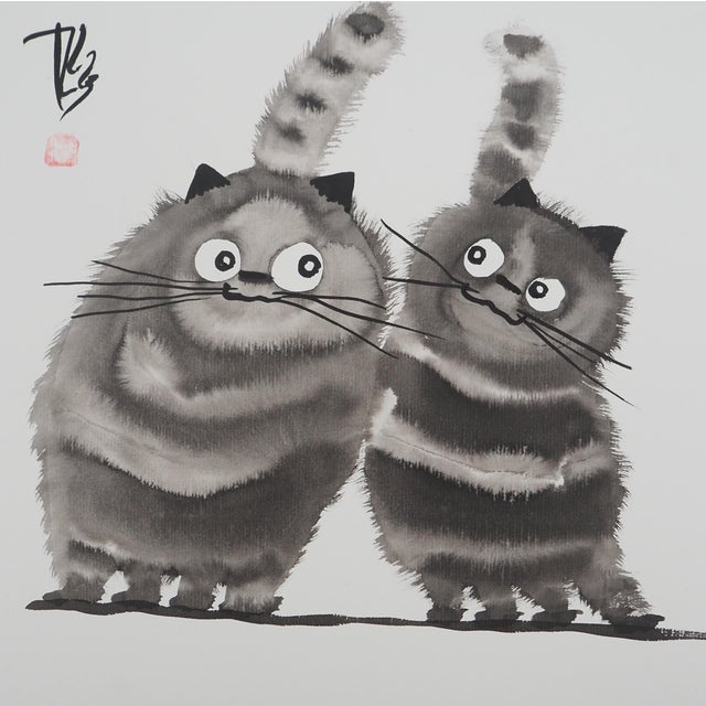 Laszlo Tibay, Pair of cats, Ink and Wash For Sale