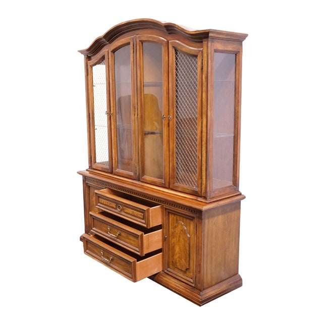 Stanley Furniture Solid Walnut Italian Provincial 66" Buffet W. Lighted Display China Cabinet W. Grilled Doors 8311-04 For Sale - Image 9 of 15