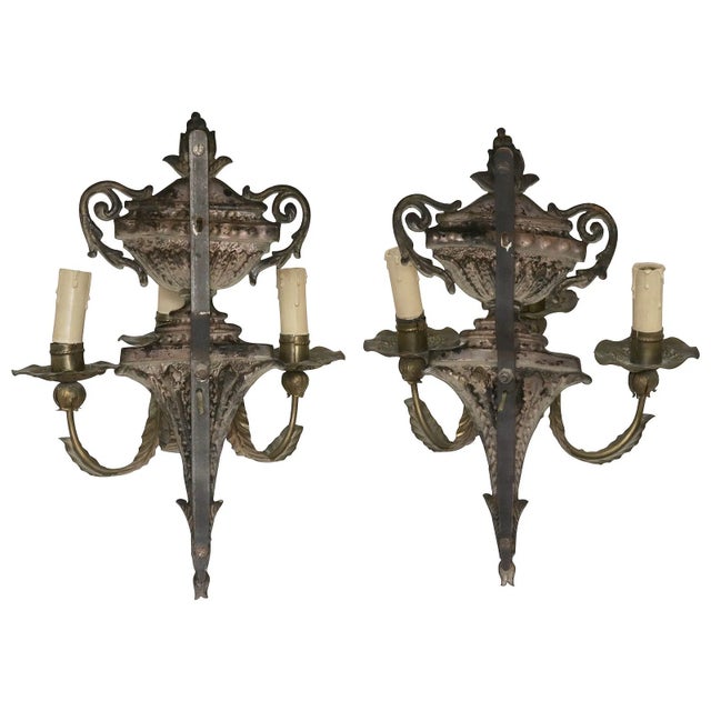 French Mid 20th Century Italian Louis XVI Style Patinated Metal 3-Light Wall Sconces - a Pair For Sale - Image 3 of 3