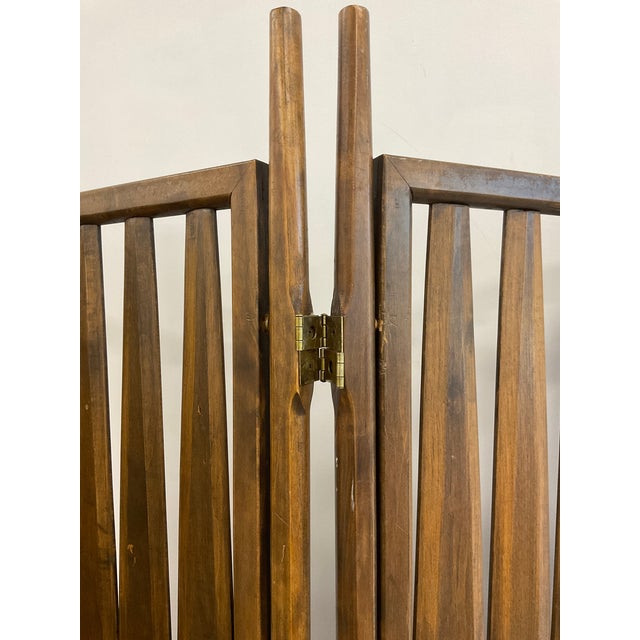 Wood Vintage Walnut Three Panel Geometric Room Divider. For Sale - Image 7 of 18