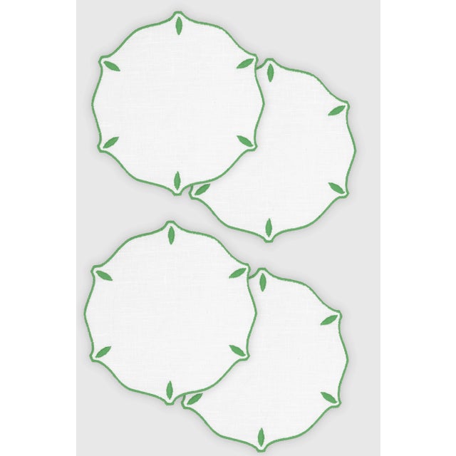 Contemporary Olimpia Green Embroidered Linen Coasters by Los Encajeros, Set of 4 For Sale - Image 3 of 3