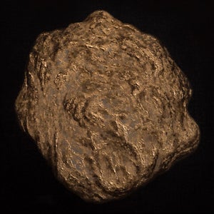 865 by Cor Oda | Oil with real metal pigments and resin Abstract textured rock shape on black background