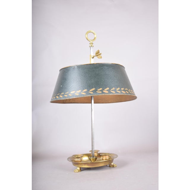 Brass Bouillotte Candle Lamp with Green Tole Shade and Paw Feet, 1950s For Sale - Image 6 of 11