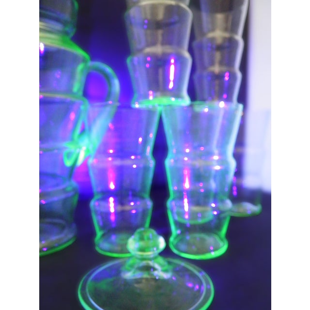 1920s Antique Art Deco Dunbar Green Uranium Glass Pitcher 6 Tumblers Large 8pc Set For Sale - Image 5 of 18