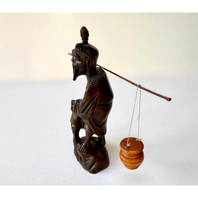 Title: Vintage Hand Carved Wood Fisherman Figure With Shoulder Pole For Sale - Image 4 of 8