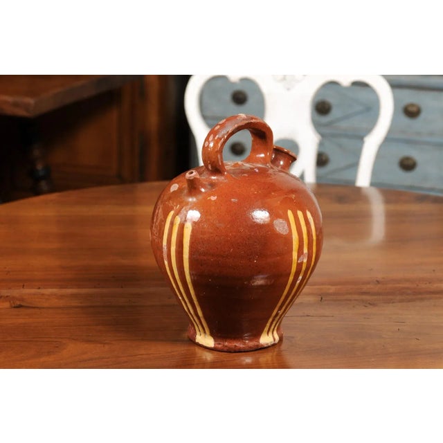 Rustic French 19th Century Pottery Jug with Russet Ground and Yellow Stripes For Sale - Image 11 of 12