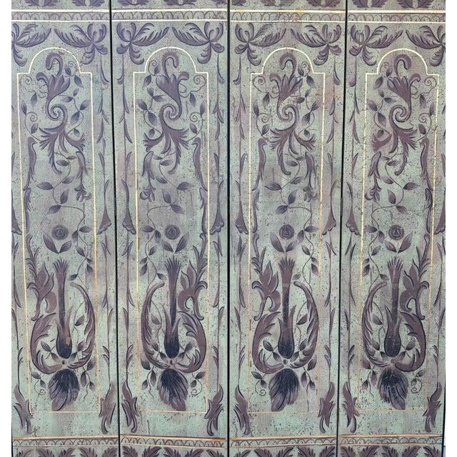 1920s 1920s Italian Art Deco Chinoiserie Four-Panel Hand-Painted Screen With Gold Gilt – Sage Green For Sale - Image 5 of 18