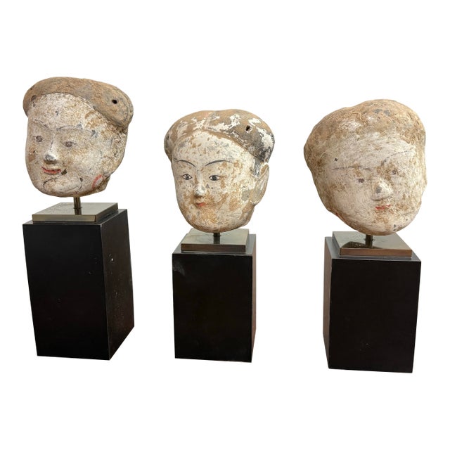 Vintage Asian Heads + Bases, Set of Three For Sale