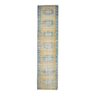 Vintage Turkish Hand-Knotted Wool Cotton Yellow Runner Rug For Sale