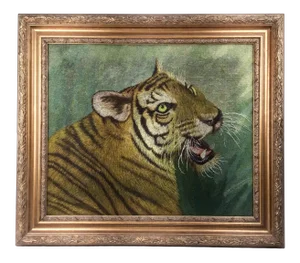 Tiger Head Intricate Needlepoint Victorian Framed Artwork