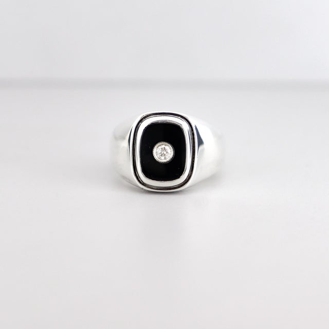 Metal Large Vintage Sterling Silver, Onyx Cabochon, & Diamond Men's Signet Style Ring For Sale - Image 7 of 15