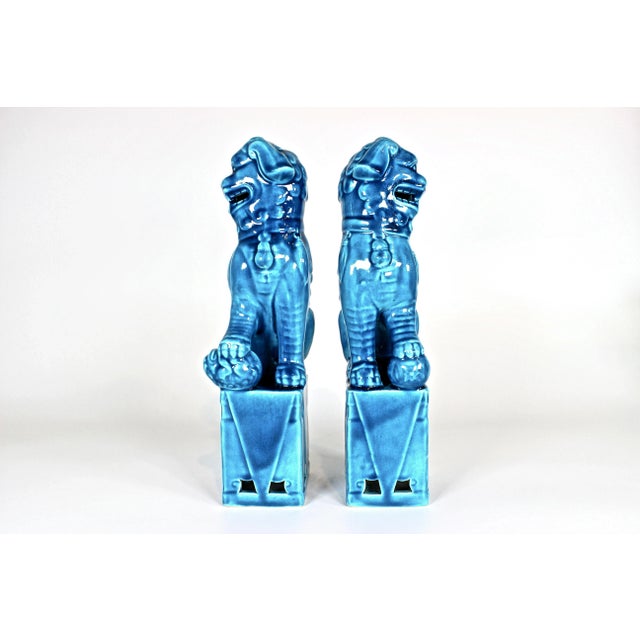 Hollywood Regency 1960's Turquoise Glazed Ceramic Foo Dogs, Pair For Sale - Image 3 of 11