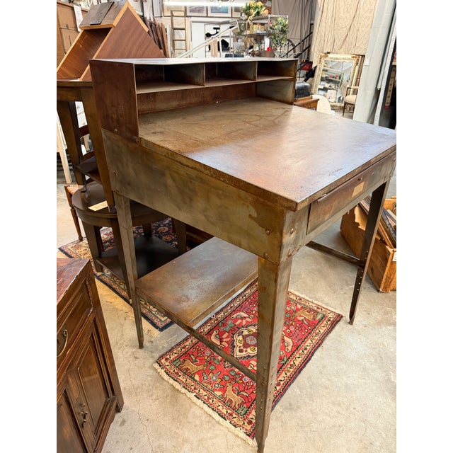 Contemporary Vintage Mid-20th Century Industrial Steel Shop Desk & Matching Stool For Sale - Image 3 of 11