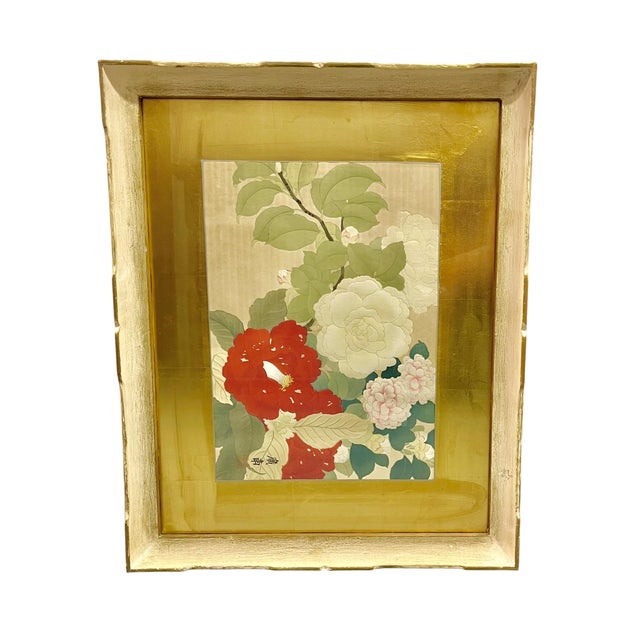 Chinoiserie Pair Vintage Chinoiserie Asian Floral Prints With Gold Foil Mattes For Sale - Image 3 of 18