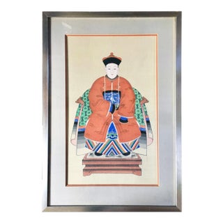 Antique Chinese Ancestor Portrait in Silver Leaf Frame For Sale