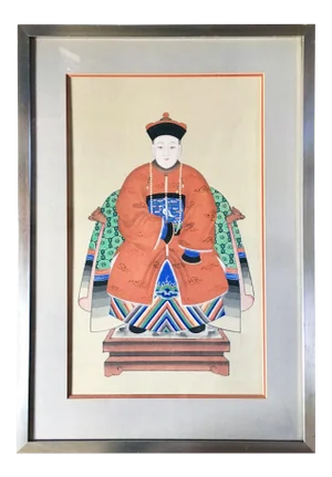 Antique Chinese Ancestor Portrait in Silver Leaf Frame