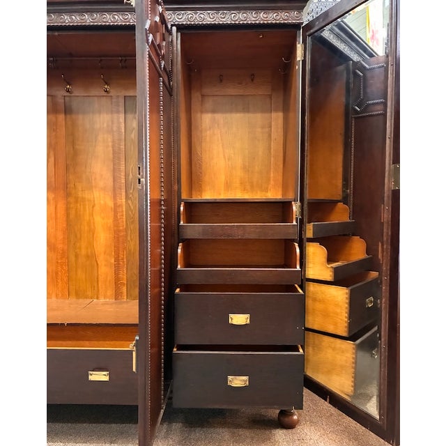 Antique English Oak Jacobean Style Triple Door Compactum Armoire, Uk Import c.1890 For Sale - Image 4 of 15