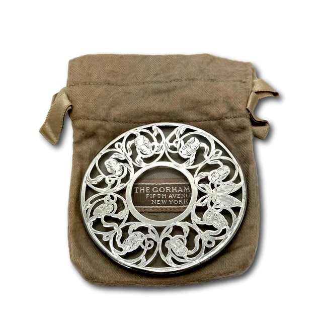 Set 6 Antique American Hand Engraved Heavy Sterling Silver Overlay on Thick Glass Beverage Coasters by Gorham For Sale In Boston - Image 6 of 12