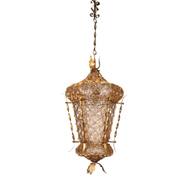 Mid-Century Venetian Mouth-Blown Glass Lantern in Gold Painted Metal Frame, 1940s For Sale - Image 11 of 18
