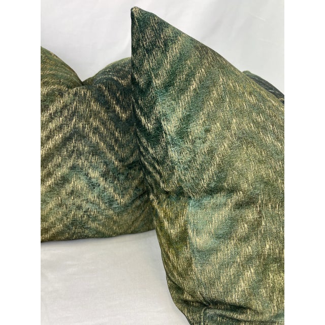 Chevron Embossed Velvet in Green 22" Pillows-A Pair For Sale - Image 4 of 5