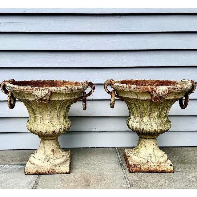 Victorian Pair 19th Century White Painted Cast Iron Garden Urns With Ring Handles and Masks For Sale - Image 3 of 17