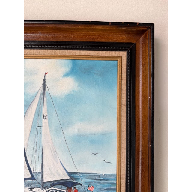 Textile 1970s Vintage R. Fisher Sailboat Oil on Canvas Painting – Framed For Sale - Image 7 of 12