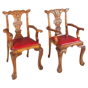 Set of Chippendale Style Wooden Chairs with Red Leather, 1900s