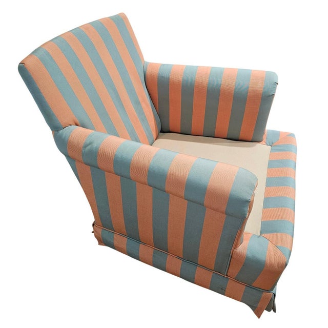 Vintage Lee Industries Swivel Armchair Rocker Striped Rolled Arm Chair MCM Blue For Sale - Image 14 of 14