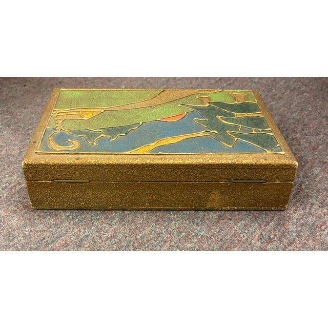 Mid Century Lidded Wood Box - Stylized Landscape Scene and a Little House For Sale - Image 4 of 6