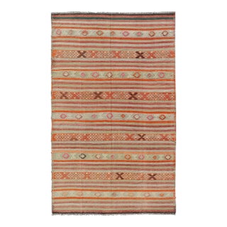Mid 20th Century Vintage Turkish Kilim With Colorful Stripes in Orange Lt. Green Red & Gray For Sale