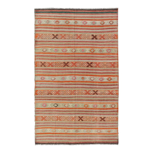 Mid 20th Century Vintage Turkish Kilim With Colorful Stripes in Orange Lt. Green Red & Gray For Sale