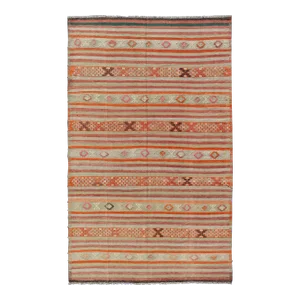 Mid 20th Century Vintage Turkish Kilim With Colorful Stripes in Orange Lt. Green Red & Gray