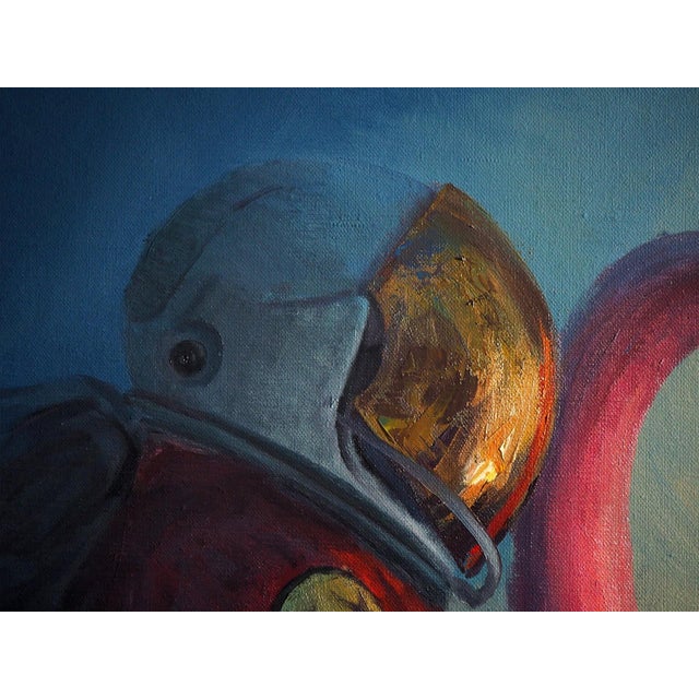 Expect Darkness to Surround You One Day by Andreas Claussen | Oil on canvas Astronaut in a flamingo float holding a candle For Sale - Image 4 of 5