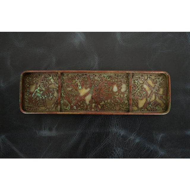 Art Deco Tiffany Studios New York Grapevine Pattern Bronze and Favrile Slag Glass Pen Tray For Sale - Image 3 of 12