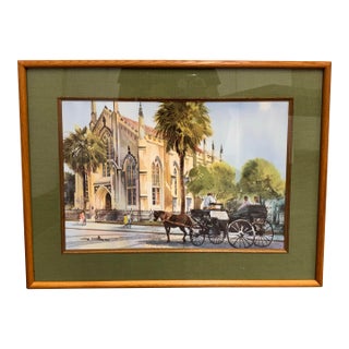 Late 20th Century Al Stine French Huguenot Church Watercolor, Framed For Sale