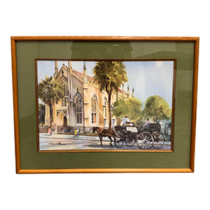 Late 20th Century Al Stine French Huguenot Church Watercolor, Framed