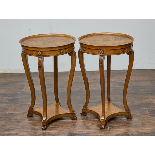 Pair of 19th Century English Regency Walnut Side Tables with Carved Details For Sale - Image 10 of 12