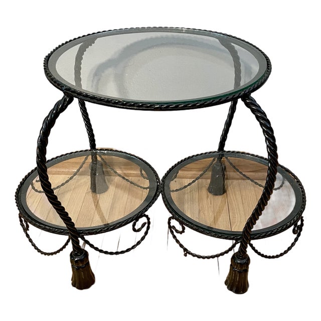 Italian Hollywood Tiered Rope and Tassel Table Plant Stand Iron For Sale