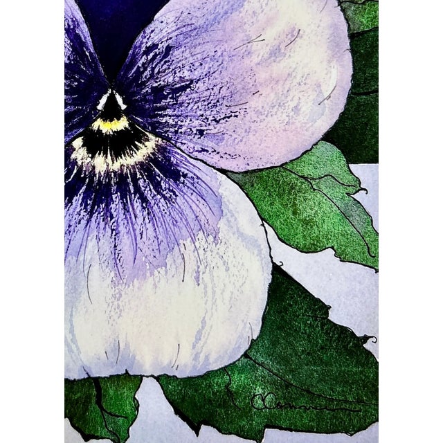 Shabby Chic Original Watercolor Painting of a Perfect Purple “Viola” For Sale - Image 3 of 3