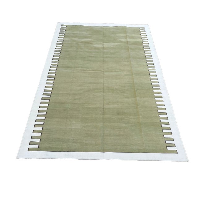 Handmade Cotton Area Rug Vegetable Dyed Olive Green and White Zig Zag Striped Rug-6'x9' For Sale - Image 9 of 11