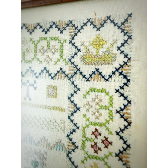 1972 Vintage Hand Embroidered Alphabet Sampler, Framed Folk Art Needlework With Floral & Animal Motif For Sale In Atlanta - Image 6 of 9