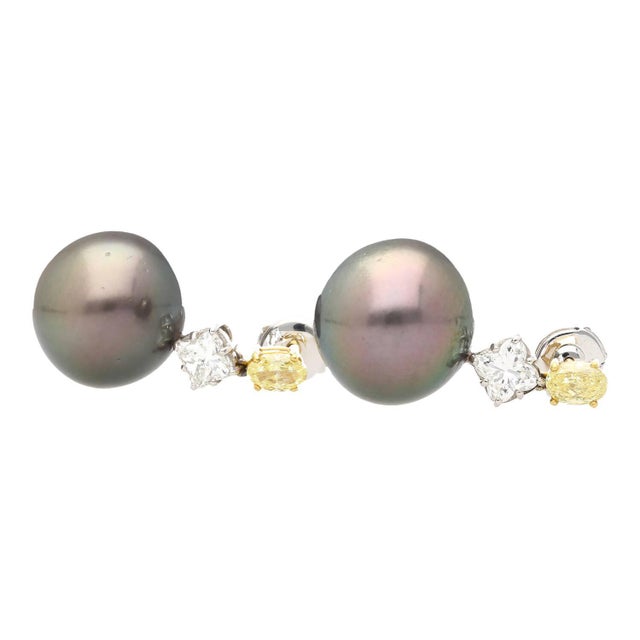 Metal Black Pearl With Fancy Yellow & White Lily Cut Diamond Drop Earrings For Sale - Image 7 of 8