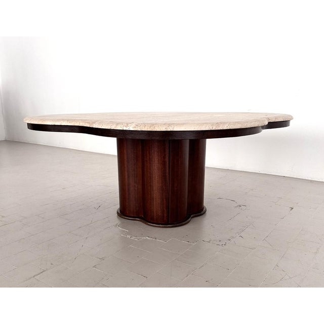 Wood Large Mid-Century Modern Clover Coffee Table in Travertine and Dark Oak, 1970s For Sale - Image 7 of 18