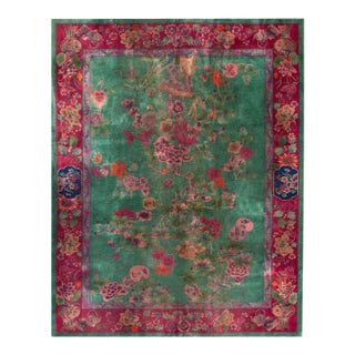 1920s Green Floral Minimalist Antique Chinese Art Deco Rug 8'10" X 11'4" Handknotted Wool Carpet For Sale