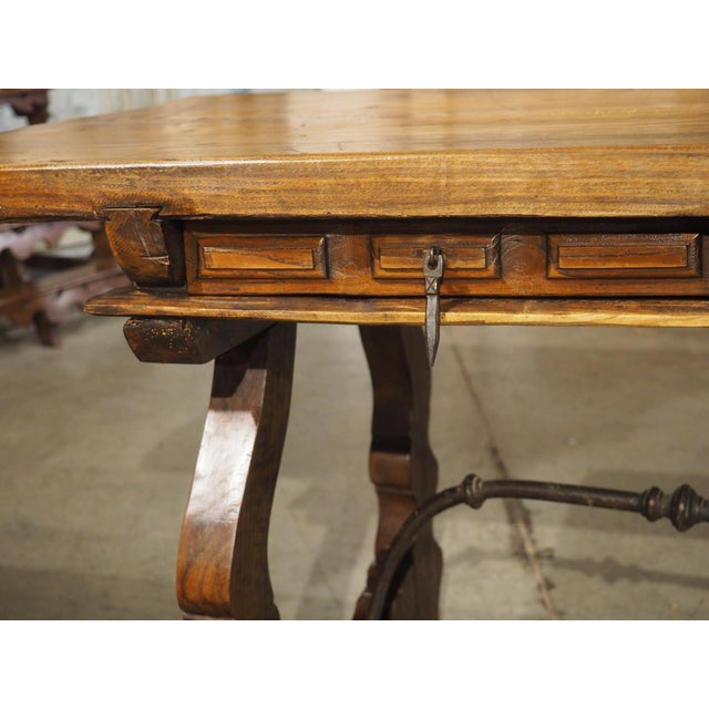 A 1900s Spanish Library Table Desk With Iron Stretchers, Shallow Frieze Drawers For Sale - Image 9 of 18