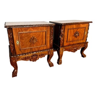 Mid 20th Century Pair of Carved Wood French Style Nightstands End Tables Figured Veneer Cabinets For Sale