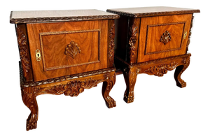 Mid 20th Century Pair of Carved Wood French Style Nightstands End Tables Figured Veneer Cabinets