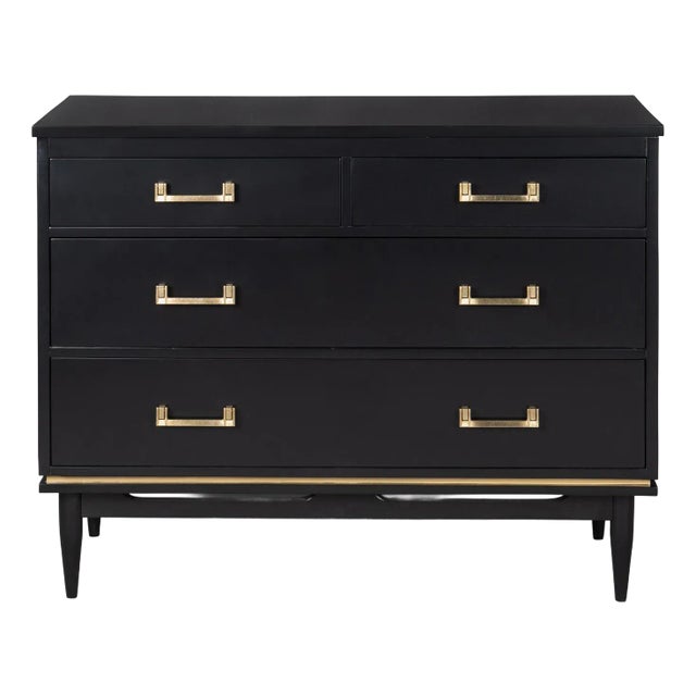 Tommi Parzinger Style 4-Drawer Dresser in Ebony Lacquer & Brass Pulls For Sale