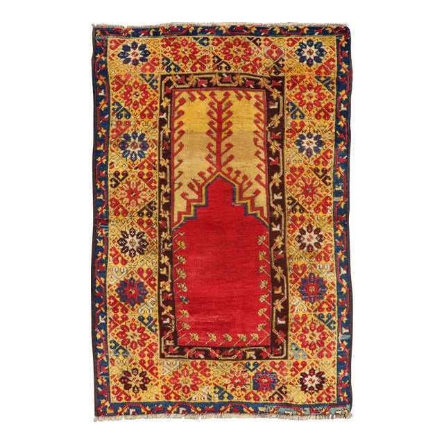 Early 20th Century Antique Turkish Prayer Rug in Vibrant Saffron Yellow Red and Blue For Sale