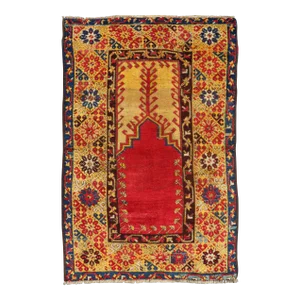 Early 20th Century Antique Turkish Prayer Rug in Vibrant Saffron Yellow Red and Blue